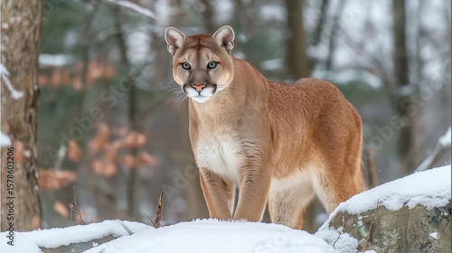 Majestic mountain lion stands on a snow-covered rock in a serene forest, showcasing its powerful physique and keen gaze amidst a tranquil winter landscape