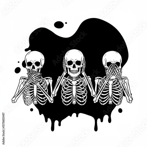 Three skeletons illustrating see no evil hear no evil speak no evil