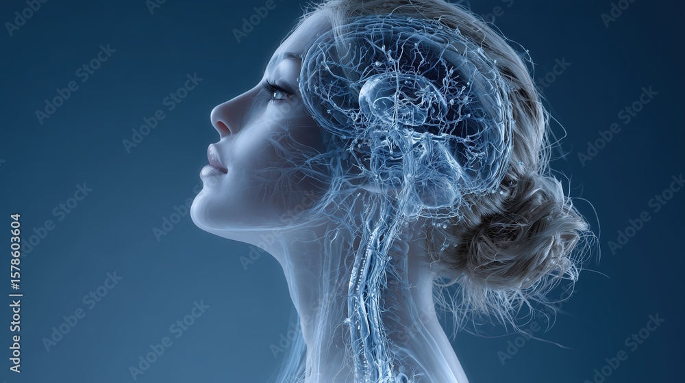 Female profile with glowing neural connections, showcasing the intricate relationship between technology and human cognition, representing the future of artificial intelligence and neuroscience Female profile with glowing neural connections, showcasing the intricate relationship between technology and human cognition, representing the future of artificial intelligence and neuroscience