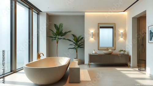 A Serene Spa-Like Bathroom Sanctuary with Freestanding Tub and Natural Stone Aesthetic, AI generated