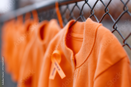 AI generation. The concept of every child matters. Indigenous peoples of America in orange shirts with the text 