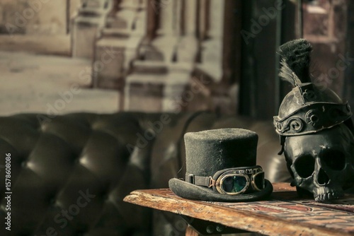  Steampunk Decor with Top Hat, Goggles, and Skull vintage