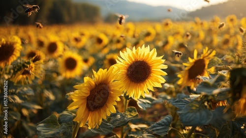 Bees gathering nectar from fields abloom with vibrant sunflowers for honey production