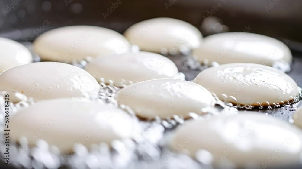 Cooking white batter in a pan with bubbles Cooking white batter in a pan with bubbles