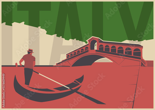 Italy Attraction Postcard, Old Venice Canal and Gondola Illustration. Vector Template for Touristic Posters, Covers