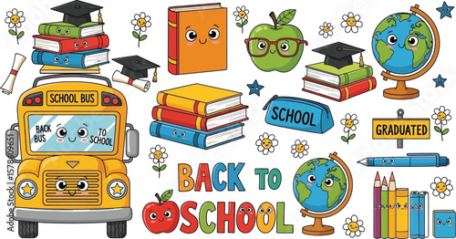 Back to school cartoon illustration with school bus books apple globe and stationery clip art vector set