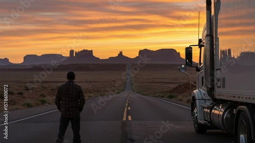 Man and semi-truck on a desert highway looking at the sunrise. Concept of trucking, freedom, and the open road journey.