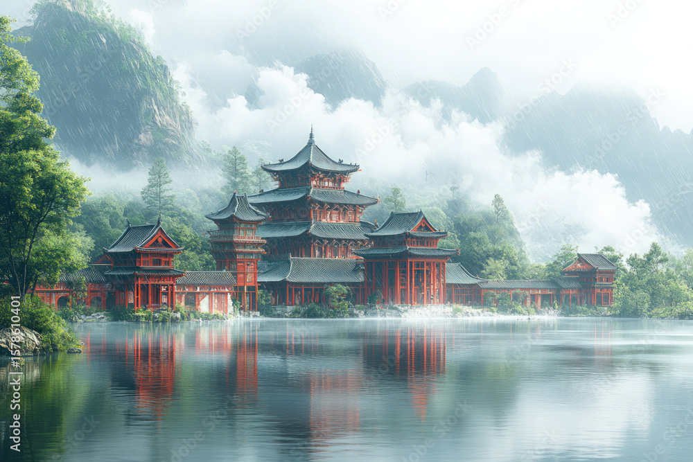 Obraz premium Tranquil Forest Reflections Beneath Soft Misty Clouds