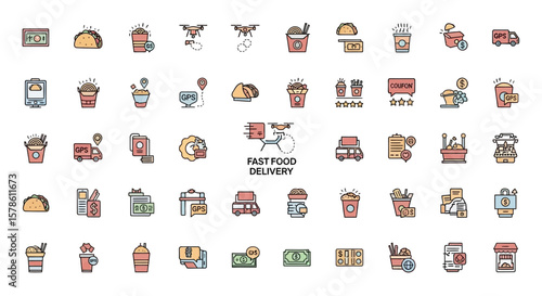 Collection of colorful, outlined icons depicting various aspects of fast food delivery services.