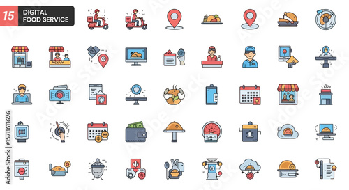 Collection of colorful digital icons representing various aspects of a digital food delivery service.