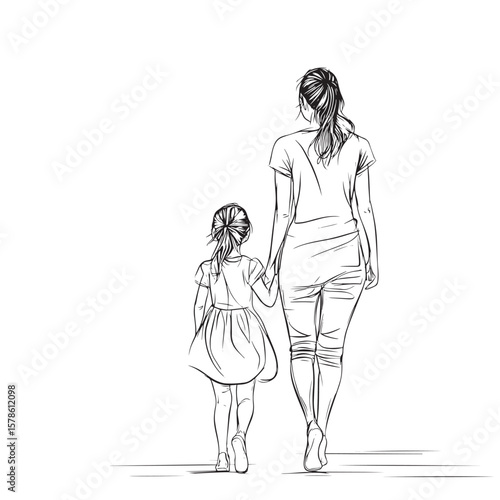 Happy mom with her female child in continuous line art drawing style