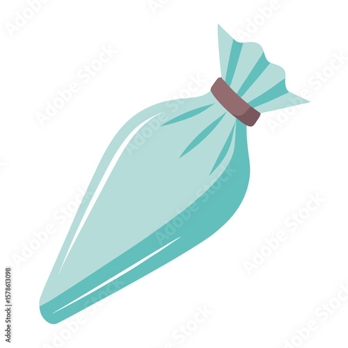 A light blue or turquoise piping bag with a twisted top, used for decorating cakes and pastries with frosting or cream.