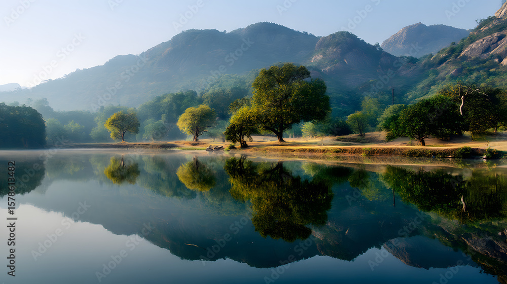Serene Morning Reflection of Lush Green Trees and Misty Mountains on a Calm Lake Surface Serene Morning Reflection of Lush Green Trees and Misty Mountains on a Calm Lake Surface