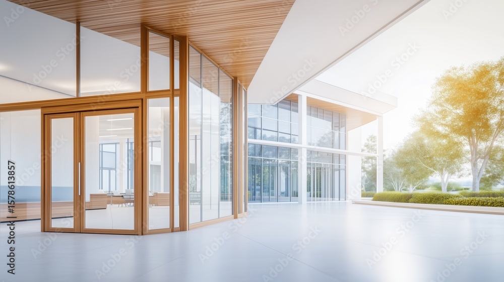 Fototapeta premium Modern Glass Building with Minimalist Design and Natural Landscaping