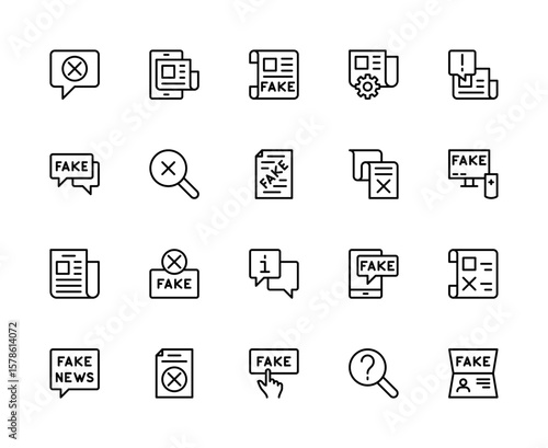 Fake News related vector linear icons set. Contains such icons as internet hoax, warning, deception, network, information and more.