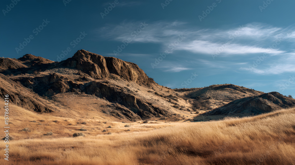 Fototapeta premium Rugged Golden Hour Landscape with Arid Mountains and Dry Grass under a Deep Blue Sky