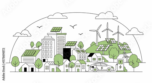Sustainable city vector illustration showing wind turbines, solar panels and electric vehicles for ecological lifestyle