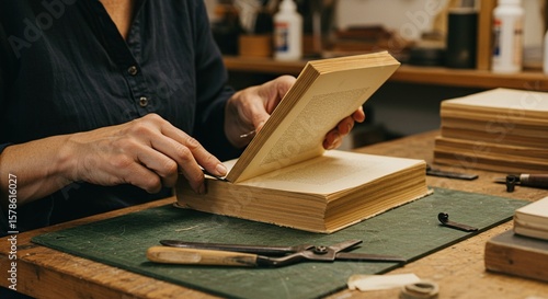 Engaging view of a bookbinder carefully repairing an antique book in their workshop, reflecting craftsmanship and heritage.