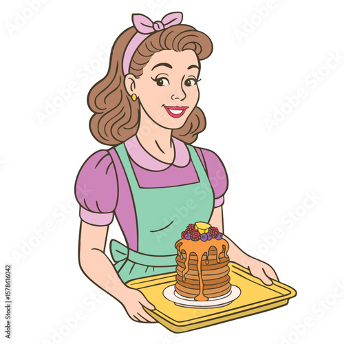 Waitress uniform dress, holding plate of pancakes.