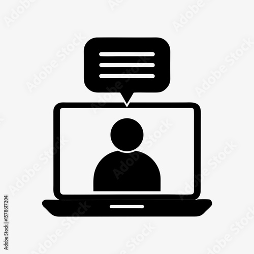 Online Chat Icon, Laptop Video Call with Message Bubble, User Communication