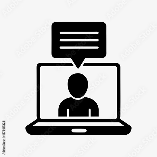 Online Chat Icon, Laptop Video Call with Message Bubble, User Communication