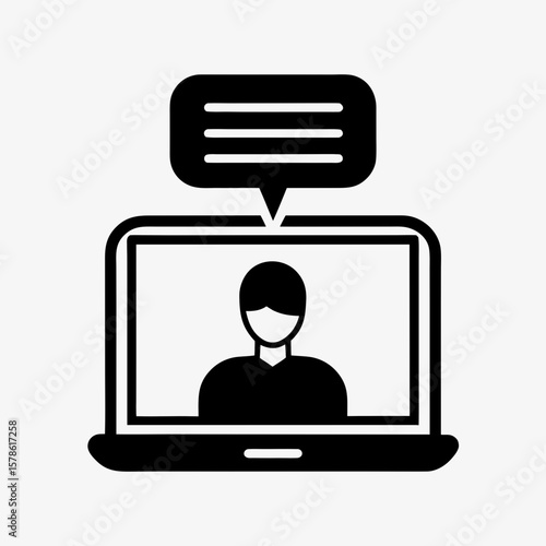 Online Chat Icon, Laptop Video Call with Message Bubble, User Communication