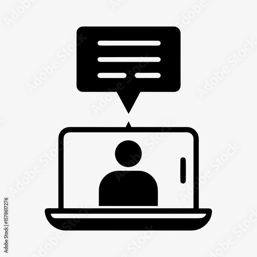 Online Chat Icon, Laptop Video Call with Message Bubble, User Communication