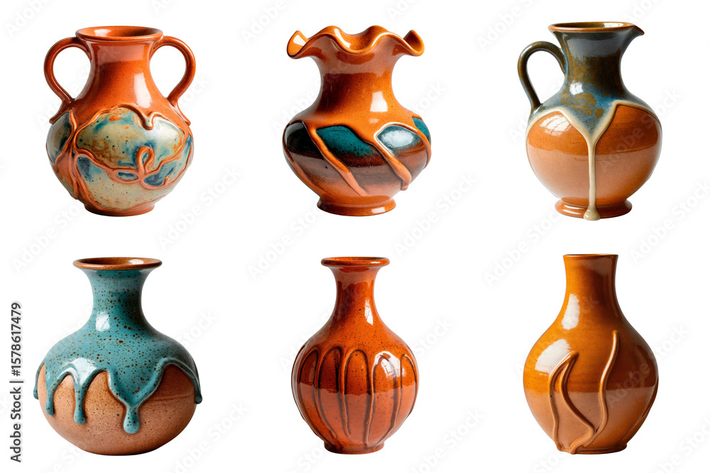 Set of ceramic vases with flowing clay texture, isolated, on a transparent background Set of ceramic vases with flowing clay texture, isolated, on a transparent background