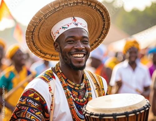 A traditional Yoruba dancer in a vibrant costume performing at the Osun-Osogbo Festival in Nigeria. The scene features colorful cloth patterns and a deep spiritual ritual atmosphere, celebrating Yorub