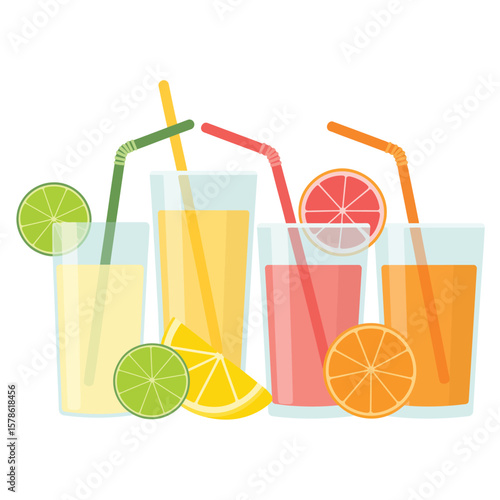 Four glasses of colorful fruit juices with straws and citrus slices