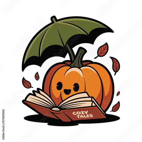 Cute pumpkin enjoying cozy tales under an umbrella amid falling leaves. Suitable for autumn themed designs, childrens book illustrations, and seasonal promotions.