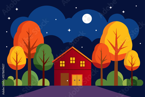 barnyard trees with autumn foliage at night