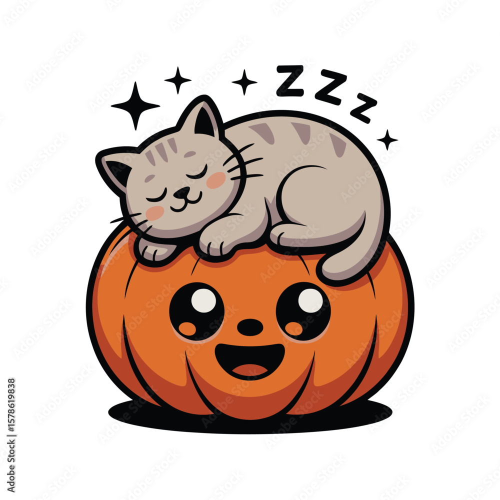 Fototapeta premium Cute grey cat sleeps on a grinning pumpkin. Halloween, animal, holiday, cozy, pet, festive, autumn, relaxation, feline, charming, farm.