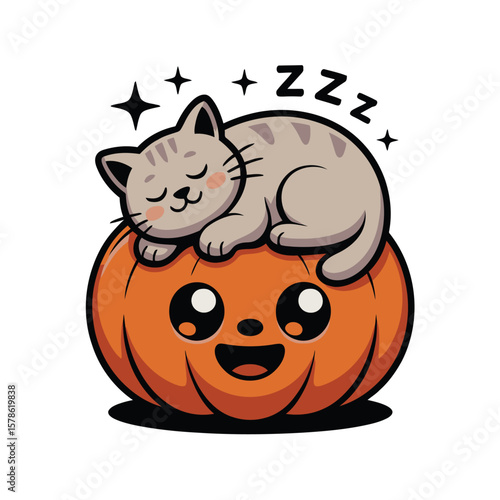 Cute grey cat sleeps on a grinning pumpkin. Halloween, animal, holiday, cozy, pet, festive, autumn, relaxation, feline, charming, farm.