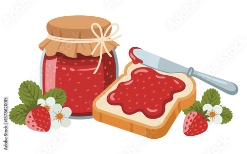 Jar of strawberry jam and slice of toast with jam and knife