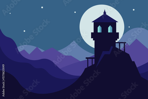 forgotten watchtower overlooking moonlit valley