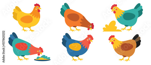 Collection of six colorful cartoon chickens in various poses on a white background