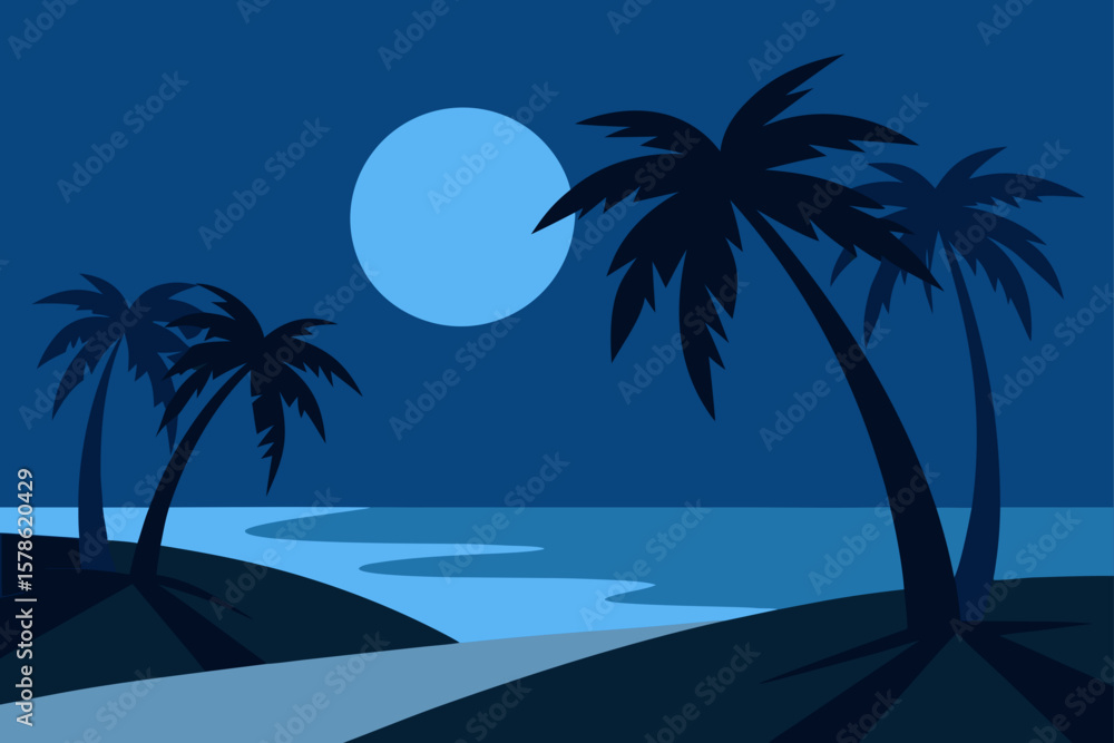 Obraz premium palm lined beach with shadows dancing in moonlig