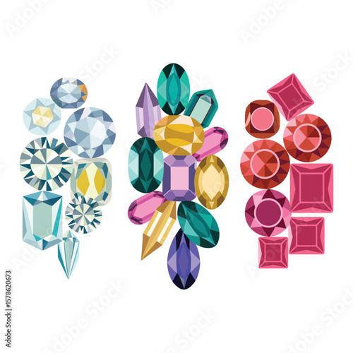 Collection of colorful faceted gemstones in various shapes and cuts on white background