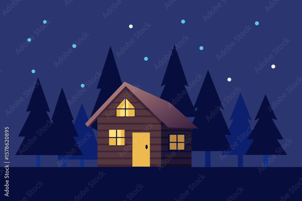 Fototapeta premium wooden house deep in the forest under stars