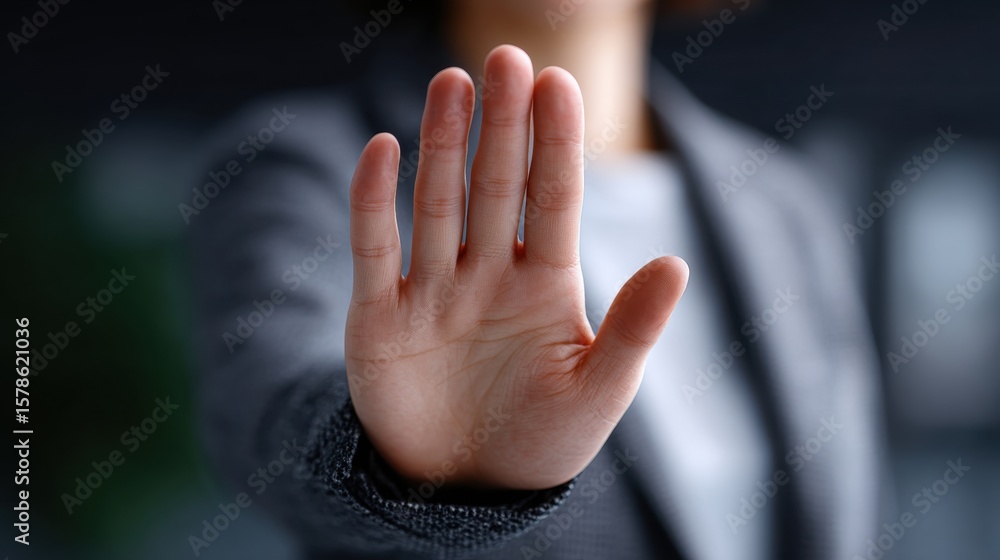 Obraz premium Confident Woman in Tailored Blazer Raising Hand for Emphasis in Professional Environment