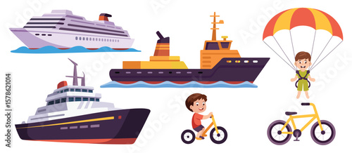 Collection of cartoon vehicles and a child enjoying outdoor activities