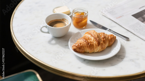 Parisian breakfast flat lay with a fresh croissant, café au lait, and jam on a classic white marble bistro table.