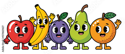 Five happy cartoon fruits waving hello on a white background