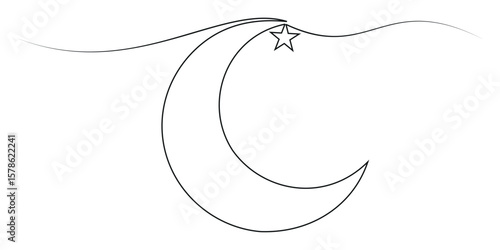 Moon with star single line art, continuous one line drawing of Isolated outline vector art, Continuous one line drawing of Crescent moon and star Ramadan isolated  outline vector.