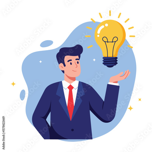 Man in red tie presenting big glowing idea bulb