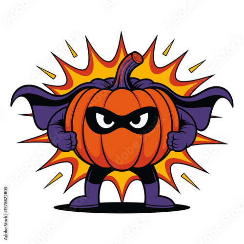 Superhero pumpkin with retro comic style suitable for Halloween designs, childrens books, party invitations, and festive marketing materials.