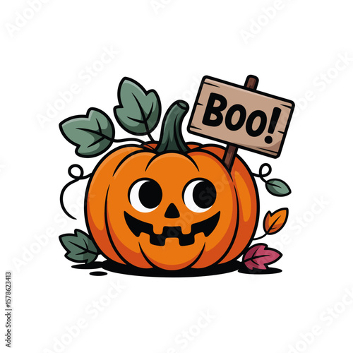 Cute cartoon pumpkin with boo sign, surrounded by autumn leaves, perfect for fall themed designs, Halloween cards, and festive decorations.
