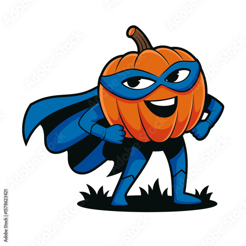 Smiling superhero pumpkin with blue cape and mask, perfect for Halloween and superhero themed designs, invitations, and decorations for kids.