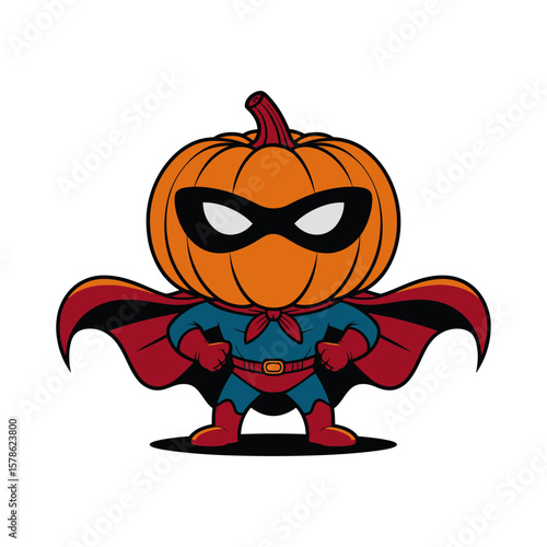 Cute pumpkin superhero in cape and mask suitable for Halloween designs, party invitations, fall decorations, childrens book illustrations, and holiday cards.